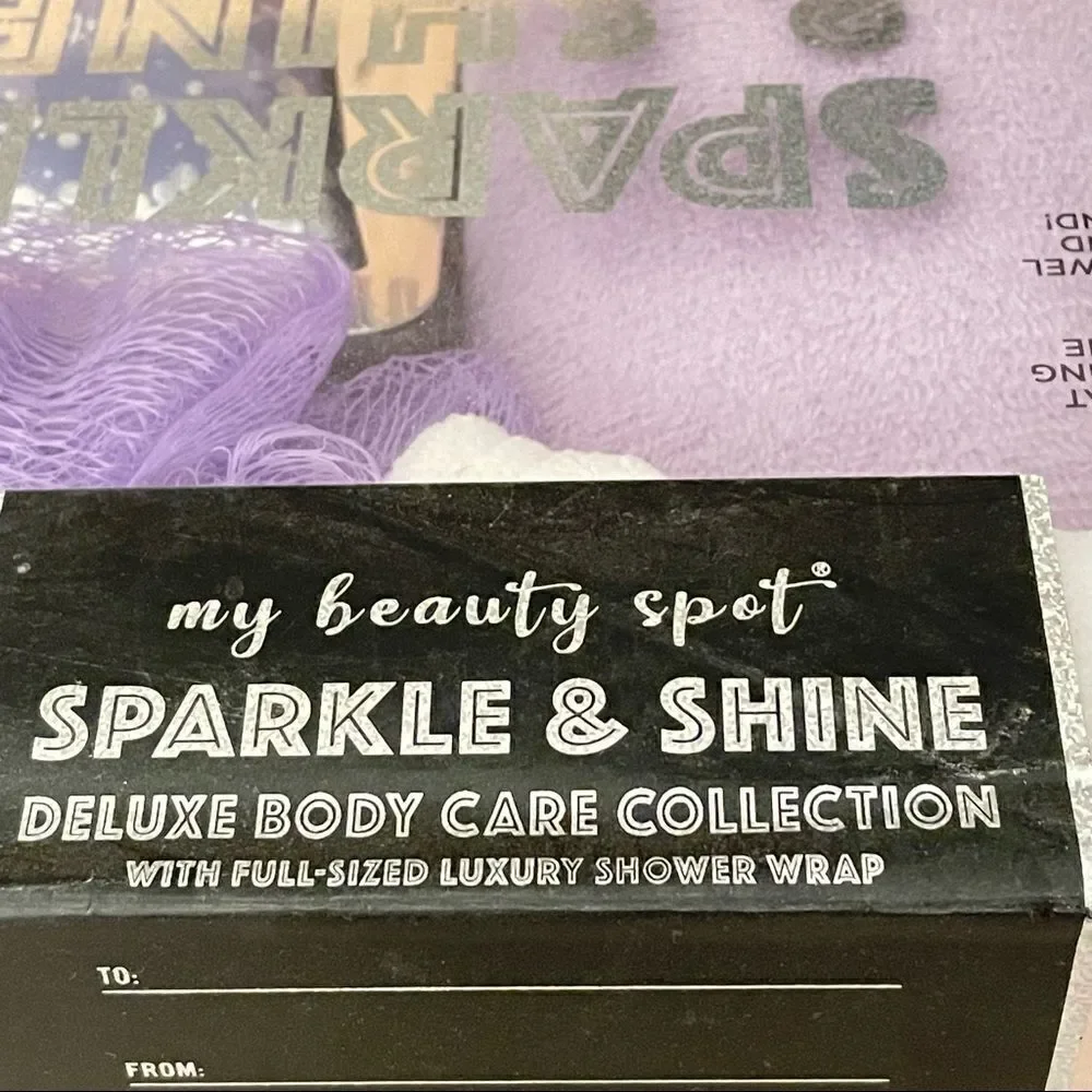 NWT sparkle shine deluxe 4 Pcs set body wrap,hair towel turban,shower pouf & gel